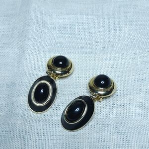 Vintage Clip On Drop Earrings Black Enamel Gold Tone Modernist 60s 2"